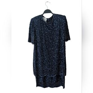 Brilliante J.A. Vintage Navy‎ Blue 100% Silk Beaded Sequin Glam Dress Size Large